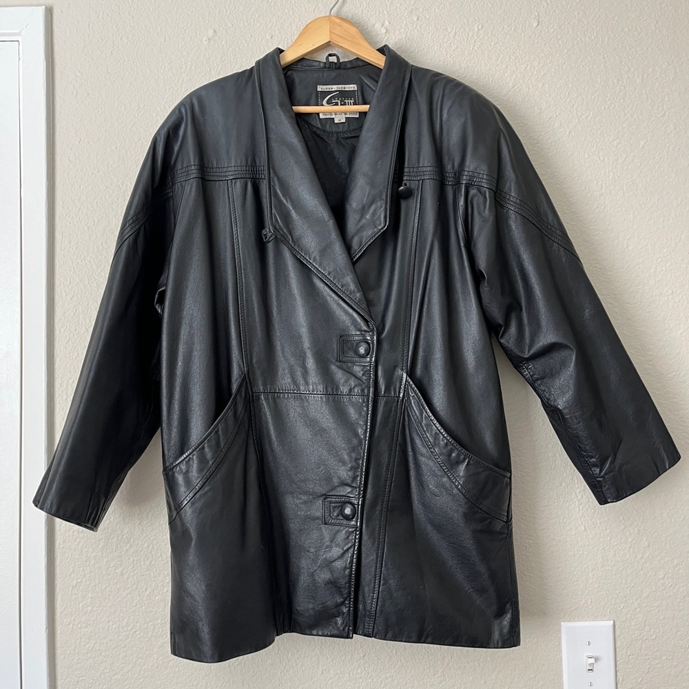 Global Identity Vintage Leather Jacket Women Medium Oversized Black Trench
